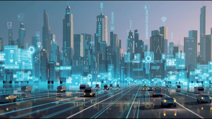 Morning view of smart city skyline with holographic advertisements, IoT devices, and autonomous delivery robots
 - Powered by Adobe