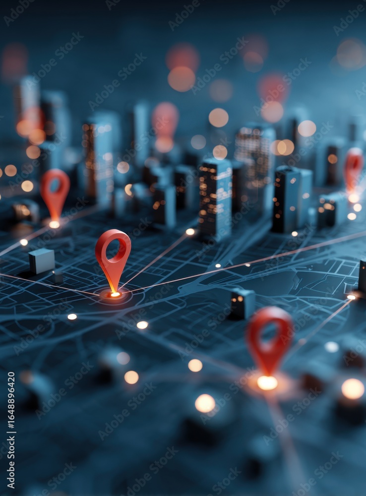 Poster an abstract depiction of a city with location markers and interconnected lines, symbolizing data net
