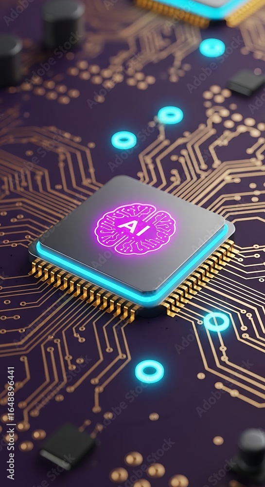 Poster revolutionary ai processor with glowing brain on vibrant circuit board for innovative technology sol