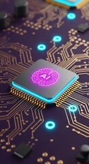 Revolutionary AI processor with glowing brain on vibrant circuit board for innovative technology solutions