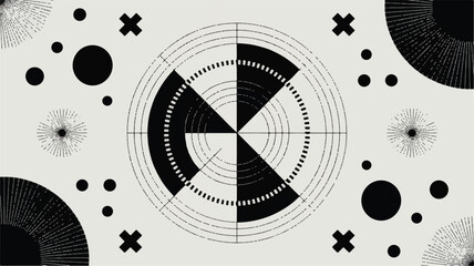 Obraz premium Retro Geometric Composition in Black and White with Concentric Circles Radiating Lines and Simple Shapes creating an abstract artistic background for creative projects
