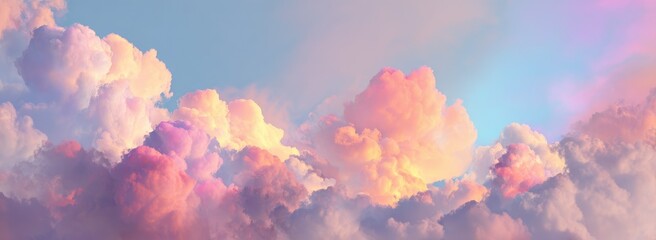 Pastel-hued cloudscape against a soft, light blue sky.  A panorama of fluffy, cumulus clouds in various shades of pink, peach, and pastel yellow,  creating a dreamlike, ethereal atmosphere.  