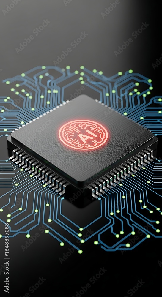 Poster cutting-edge artificial intelligence chip with glowing brain design for powerful technology applicat