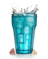 Teal glass tumbler with soda, ice, and splash