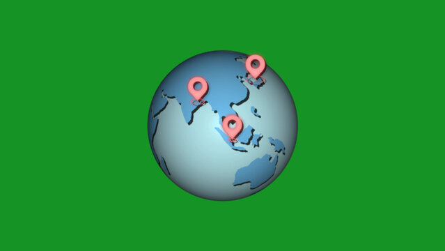 Globe with pink location pins on green background earth