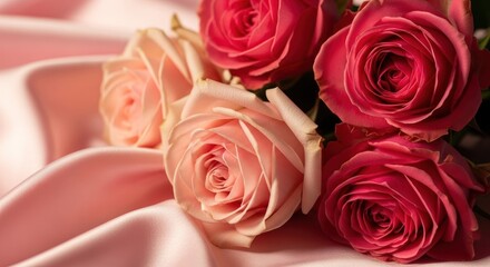 Obraz premium A close-up of a bouquet of pink and red roses on a soft, blush-pink satin fabric