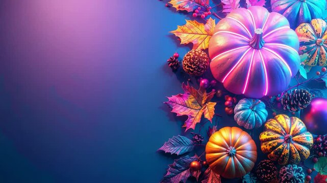 Glowing pumpkins, leaves, and pine cones creating vibrant thanksgiving border.