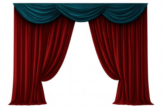 Stage curtains in deep red with teal valance, partially drawn, revealing dramatic theatrical setting against transparent backdrop