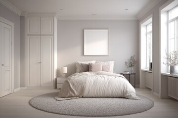 Cozy bedroom with neutral palette.  White cabinets,  soft bedding,  large window.  Empty frame