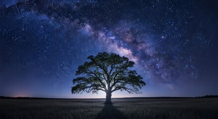 A lone tree silhouetted against a vast expanse of night sky, dotted with stars and the Milky Way