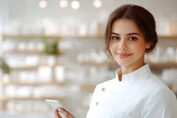professional indian female pharmacist standing in modern drugstore