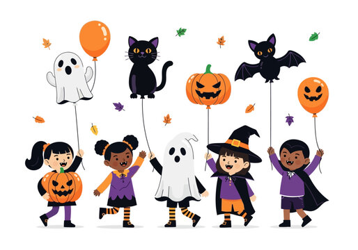 Children in halloween costumes with spooky balloons on a festive background great for halloween party invitations or seasonal decorations.