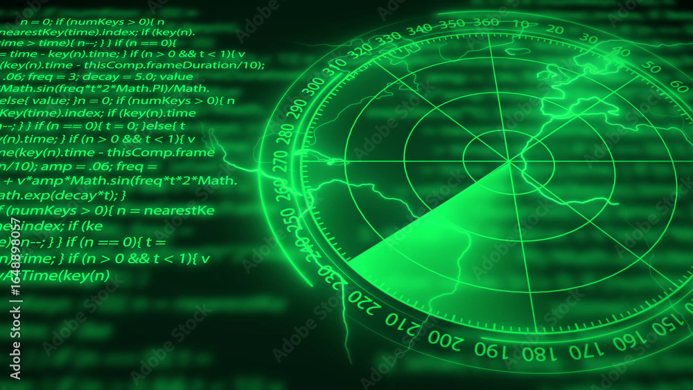 Poster green radar screen with digital code and world map overlay