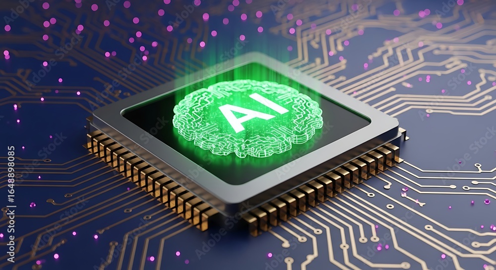 Poster modern ai chip with glowing brain design for artificial intelligence technology and machine learning
