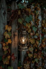 Lantern on wooden fence, rustic outdoor lighting