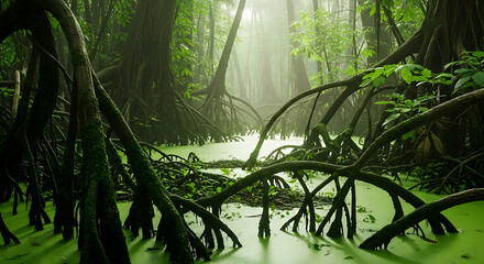 Sunlight streams through a lush green mangrove forest with tangled roots