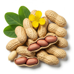 A natural and detailed collection of raw peanuts, accompanied by fresh green leaves and a delicate yellow flower copy