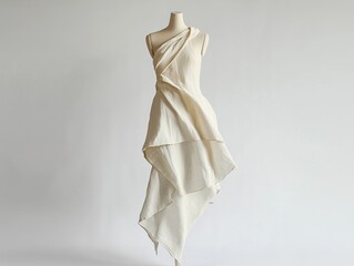 Linen dress with asymmetrical hem in mid-movement, mannequin on white background, natural fabric flow, ideal for fashion, style, elegance.