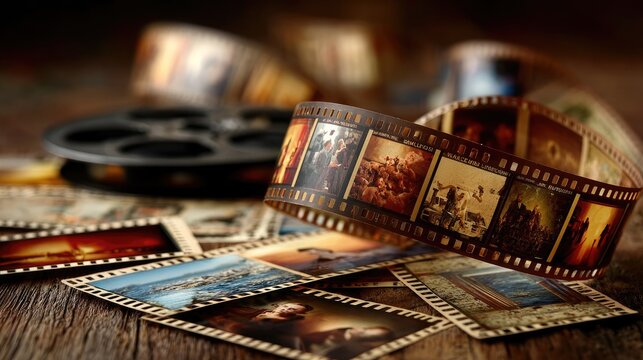 Filmstrip and reel on wooden surface
