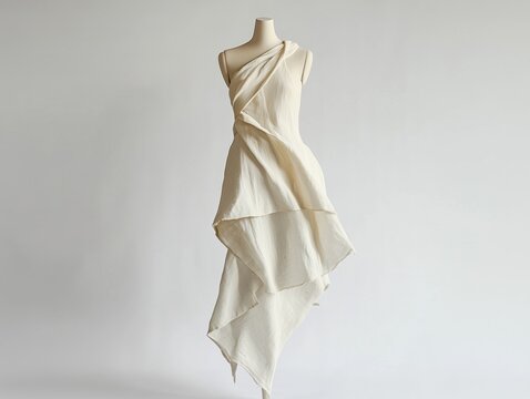 Linen dress with asymmetrical hem in mid-movement, mannequin on white background, natural fabric flow, ideal for fashion, style, elegance.