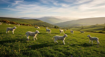 Obraz premium A sun-drenched hillside pasture, dotted with playful lambs. Rolling hills, a hazy mountain range in the distance, and a vibrant green landscape