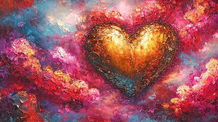 Glowing Heart Amidst Colorful Abstract Clouds Art Concept of Love, Emotion, Passion, Vibrant Colors in Oil Painting Illustration