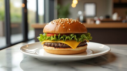 Classic Cheeseburger with Melting Cheese on a White Plate, Gourmet Beef Cheeseburger on a Marble Table, Juicy American Burger with Fresh Ingredients, Grilled Burger with Golden Bun and Crispy Lettuce