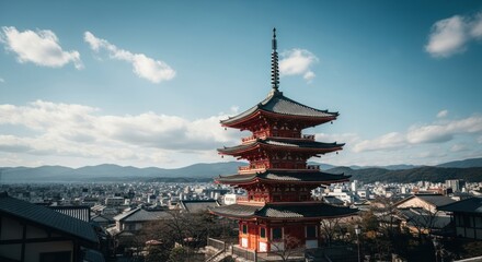 Obraz premium A vibrant red pagoda, three tiered, overlooking a Japanese city