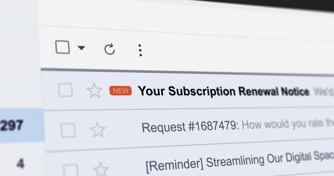 Incoming email with title "Your Subscription Renewal Notice", new e-mail with membership extension notification, service renewal, webmail interface close up footage
