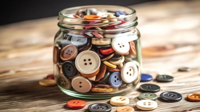 Colorful buttons in a glass jar on a wooden table