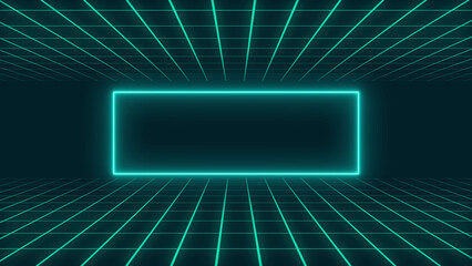 Neon Rectangle Frame on Green Grid Background abstract