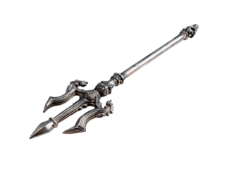 An ancient trident, a symbol of dominion and power, stands ready against the pure canvas. 