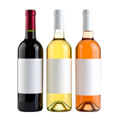 Wine Variety Trio Isolated On White Background: A striking studio shot of three elegant wine bottles, each presenting a different varietal, exuding sophistication. 