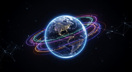 Obraz premium Glowing Earth with Colorful Data Streams and Network Connections in Dark Space