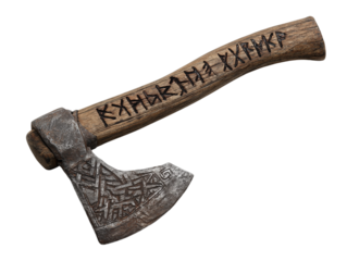 The image showcases a detailed view of a weathered axe with unique, inscribed runes on its handle
