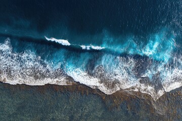 High-angle view of powerful ocean waves crashing on a rocky shoreline
