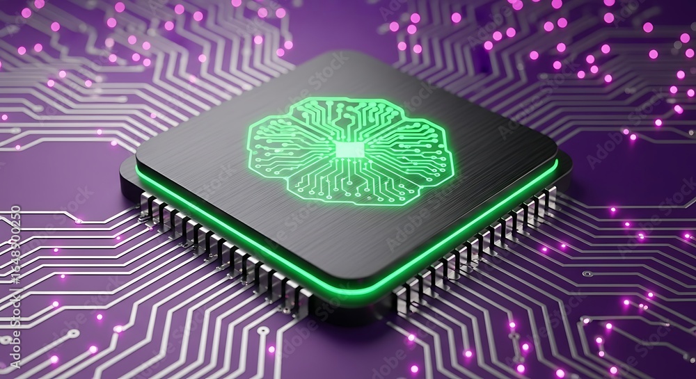 Poster modern microchip with glowing brain design represents ai innovation and advanced computer technology