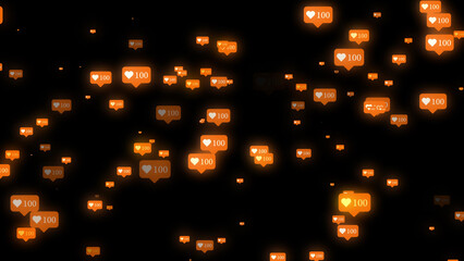 Orange social media likes with number 100 on black background