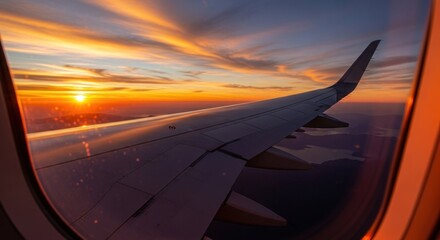 Airplane window view of vibrant sunset