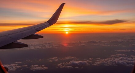 Obraz premium Airplane wing at sunset over clouds