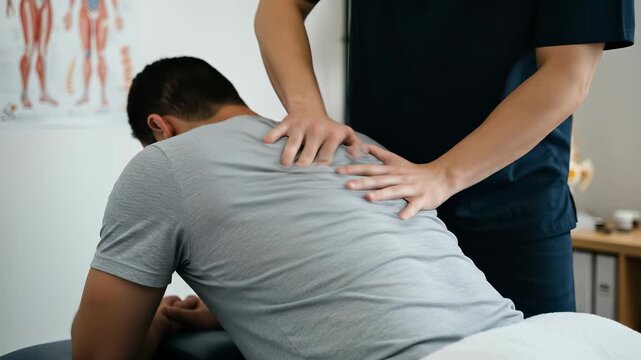 Physical therapy for a male patient receiving a soothing back massage from a skilled chiropractor in a modern clinic.
