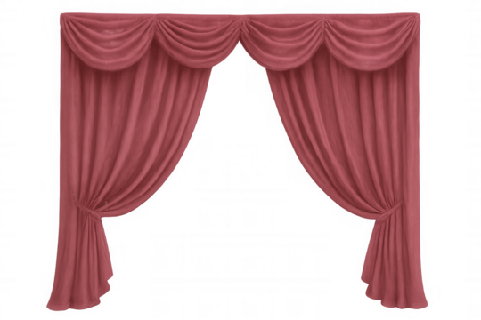 Red curtains with a sophisticated swag valance elegantly frame a transparent background, creating a dramatic and versatile backdrop