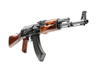 A detailed and realistic studio shot presents a classic AK-47 assault rifle against a neutral backdrop.