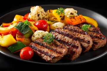 Grilled Beef Steaks and Colorful Roasted Vegetables on a Dark Plate meat food