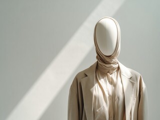 Minimal fashion display with faceless mannequin in monochrome beige outfit, natural light, clean white background, sharp folds, ideal for modern, minimal, and editorial fashion.