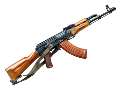 A high-angle shot provides a clear view of a pristine AK-47, its components meticulously showcased in a photo-realistic portrayal
