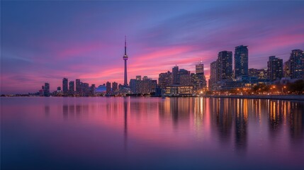 Fototapeta premium City skyline at sunset reflected in calm water
