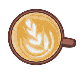 Top view flat vector illustration of coffee cup, latte, cappuccino with foam, coffee break icon, colorful, isolated on transparent background, perfect for cafe or menu design