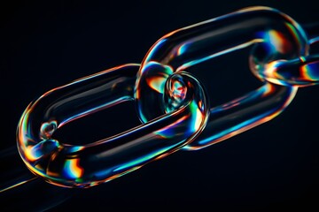 Abstract black 3d background with glass chain of holographic links.  Futuristic digital tech, Closeup of connected crystal rings with neon rainbow light texture. blockchain hyperlink. 3D illustration