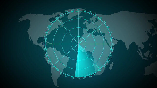 Radar screen with world map and scanning sector globe